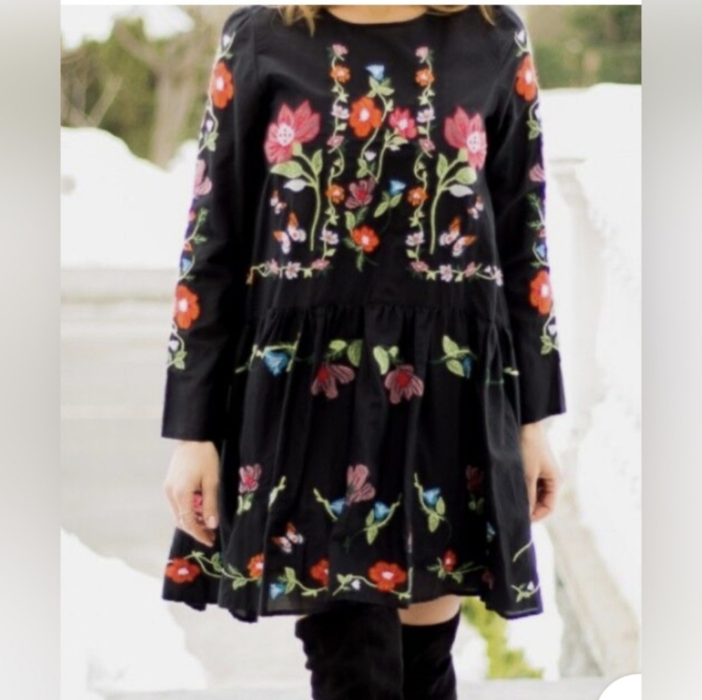 Zara Floral Embroidered Longsleeve  Boho Mini Dress